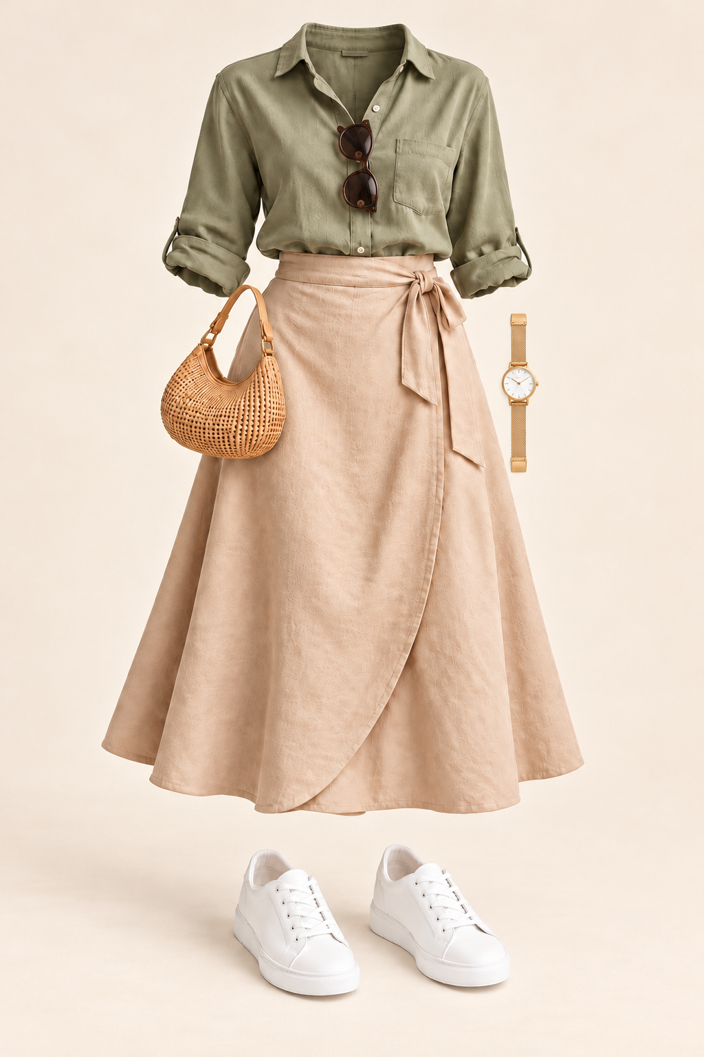 Look feminino em manequim invisível: camisa verde e saia bege, com óculos escuros, bolsa de palha, relógio aberto e tênis