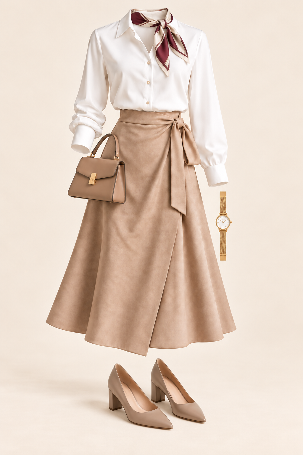 Look feminino em manequim invisível: camisa branca e saia bege, com lenço de pescoço, bolsa, relógio aberto e scarpins